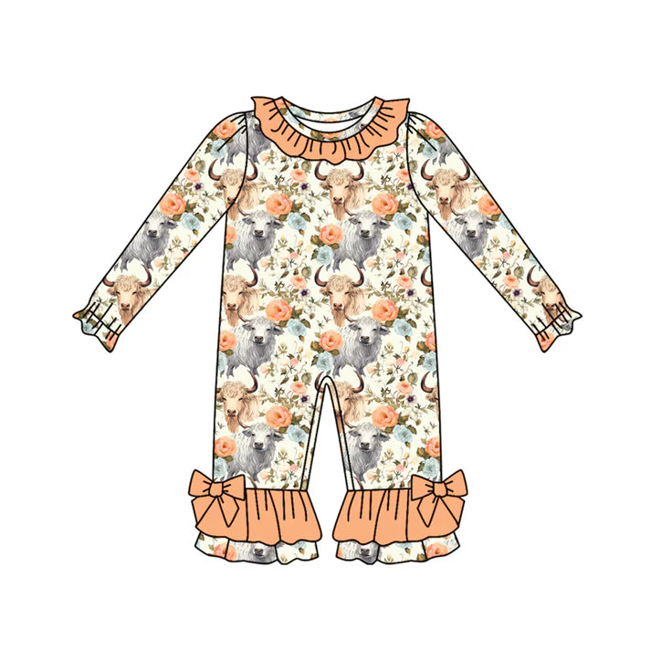 Preorder(moq 5)Baby Infant Girls Highland Cows Flowers Ruffle Pant Rompers 7.30