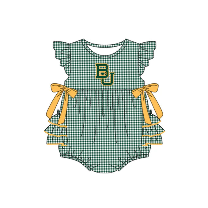 Preorder moq 5 Baby Girls Green Plaid Flutter Sleeves Bows BU Team Rompers 7.10