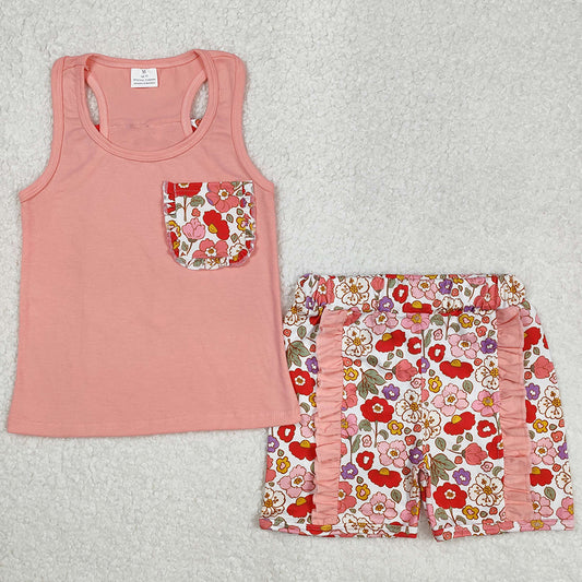 Baby Girls Clothes Pink Vest Shirt Flowers Shorts Clothes Sets GSSO1793