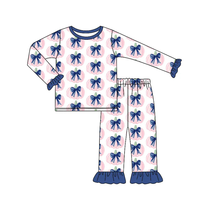 Preorder (moq 5)Baby Girls Long Ruffle Sleeves Navy Bows Pumpkins Top Pant Pajamas Set 6.17