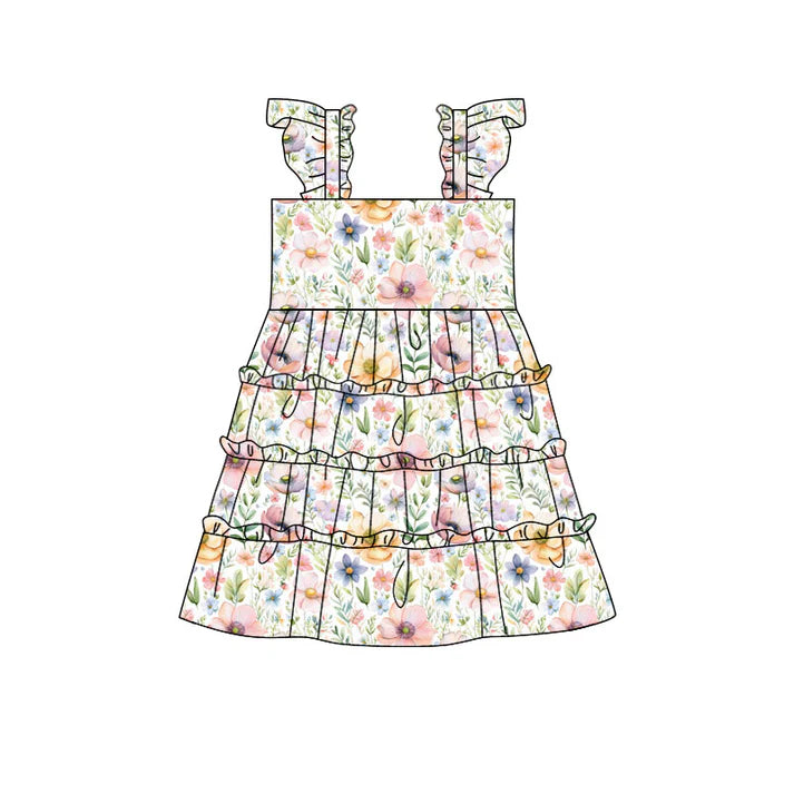 Preorder(moq 5) Baby Girls Flutter Sleeve Colorful Flowers Patchworks Knee Length Dresses 11.12
