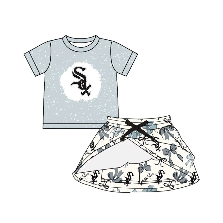 Preorder (moq 5)Baby Girls Short Sleeves Black SOX Top Bows Plaid Skorts Team Set 6.19