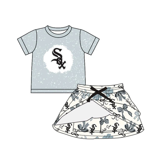 Preorder (moq 5)Baby Girls Short Sleeves Black SOX Top Bows Plaid Skorts Team Set 6.19