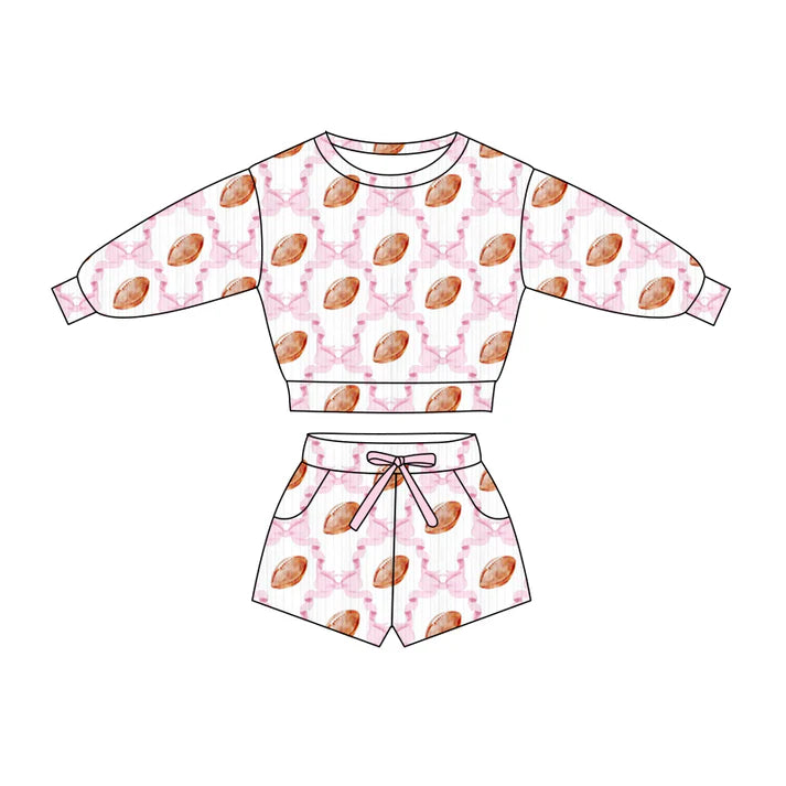 Preorder (moq 5)Baby Girls Pink Bow Footballs Checked Top Pockets Shorts Team Clothes Sets 11.26