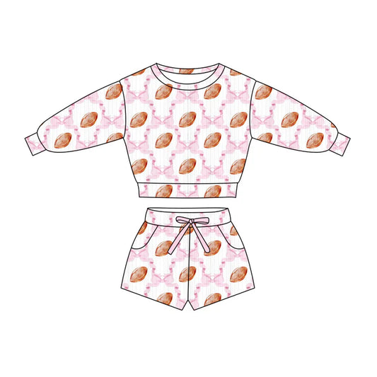 Preorder (moq 5)Baby Girls Pink Bow Footballs Checked Top Pockets Shorts Team Clothes Sets 11.26