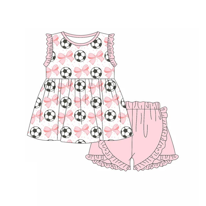 Preorder (moq 5)Baby Girls Pink Sleeveless Bows Footballs Tunic Ruffle Shorts Set 4.23