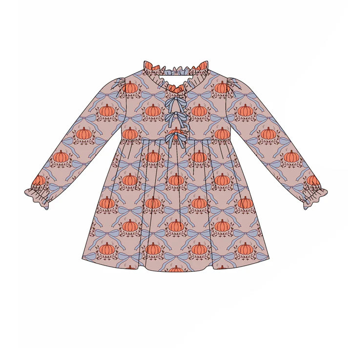 preorder(moq 5) Baby Girls Long Ruffle Sleeves Bows Pumpkins Plaid Knee Length Dresses 7.25
