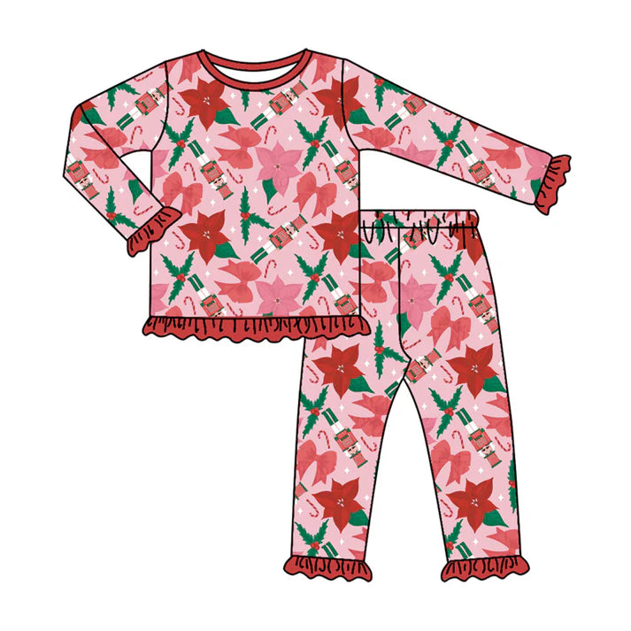 Preorder (moq 8)Baby Girls Red Soldiers Holly Bows Top Ruffle Pants Christmas Pajamas Sets 9.23