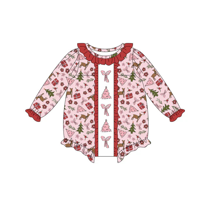 Preorder (moq 5)Baby Girls Long Sleeves Pink Bows Trees Deer Plaid Ruffle Romper 7.3