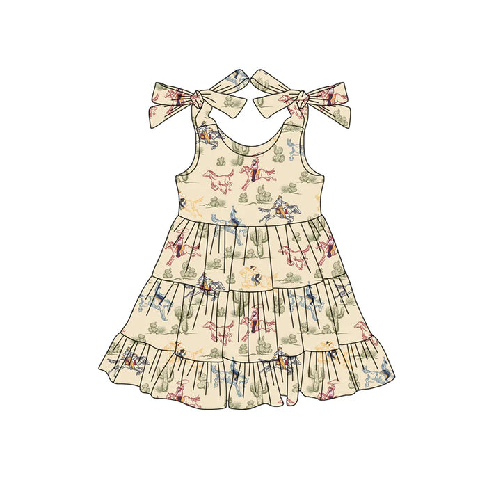 Preorder (moq 5)Baby Girls Khaki Strap Horse Rodeo Cactus Knee Length Dresses 4.24