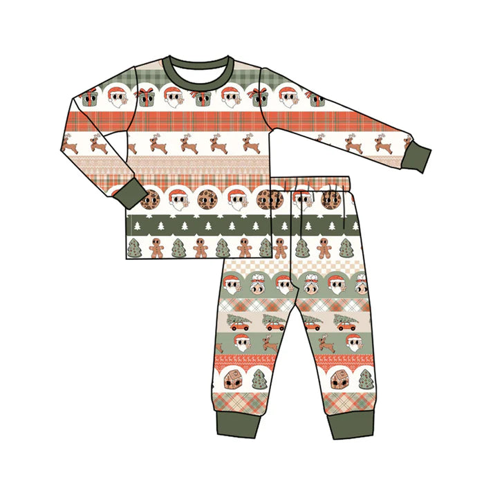 Preorder (moq 5)Baby Boys Green Long Sleeves Santa Gift Deer Stripe Top Pant Pajamas Set 6.2