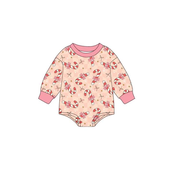 Preorder (moq 5)Baby Girls Long Sleeves Peach Bows Candy Cane Stars Plaid Romper 7.3