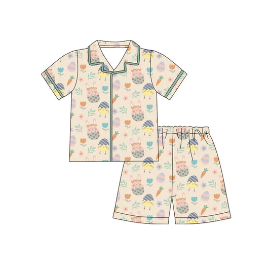 Preorder (moq 5)Baby Girls Rabbits Eggs Flowers Button Top Shorts Easter Pajamas Sets 12.12