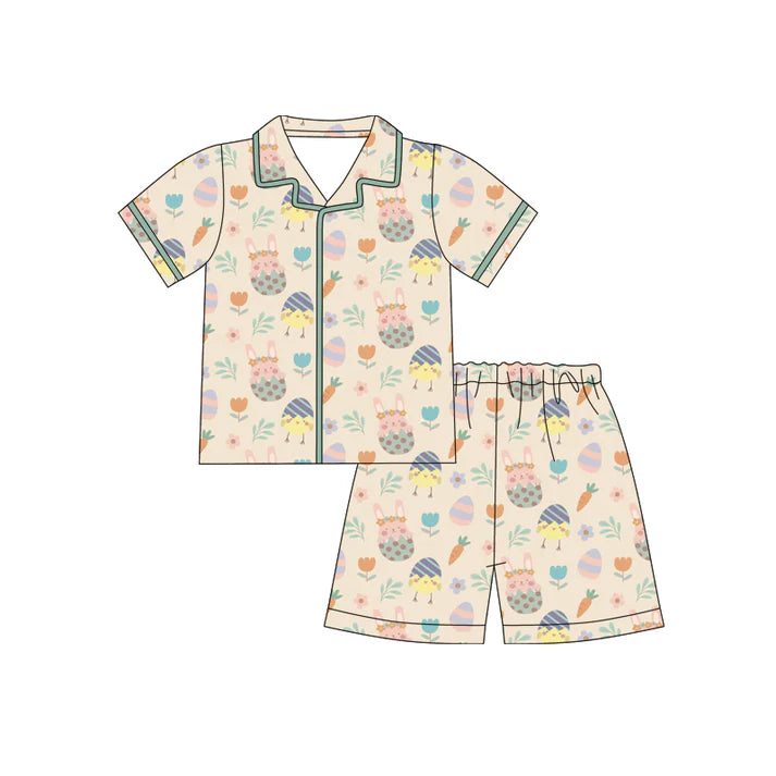 Preorder (moq 5)Baby Girls Rabbits Eggs Flowers Button Top Shorts Easter Pajamas Sets 12.12