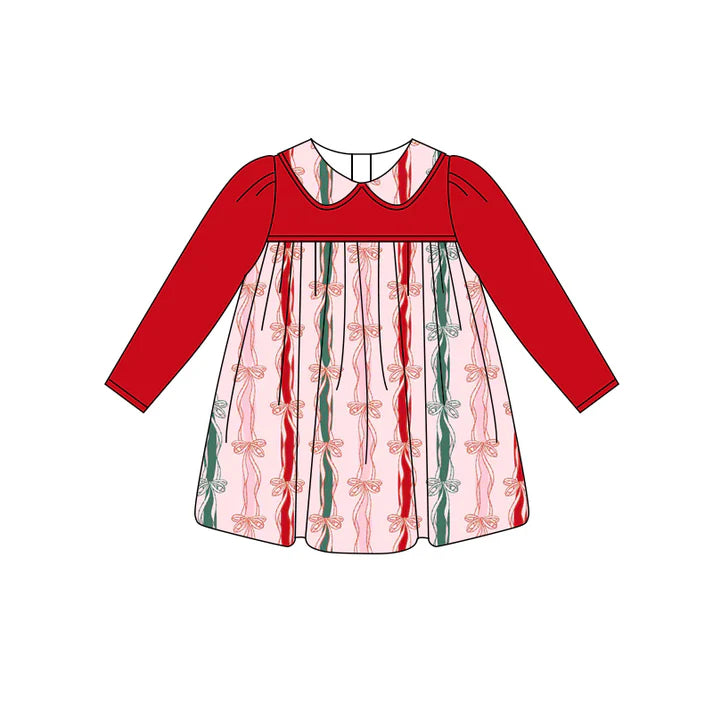 Preorder (moq 5)Baby Girls Red Long Sleeves Bows Stripes Knee Length Dresses 6.3