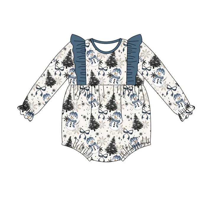 Preorder(moq 5)Baby Girls Blue Bows Trees Snowman Ruffle Rompers 7.18