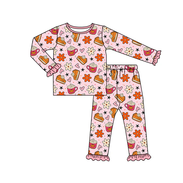 Preorder (moq 5)Baby Girls Pink Flowers Pie Plaid Top Pant Fall Pajamas Set 7.31