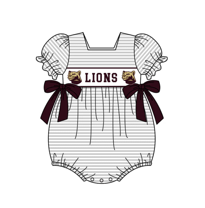 Preorder (moq 5)Baby Girls Lions Bows Stripe Team Ruffle Rompers 12.5