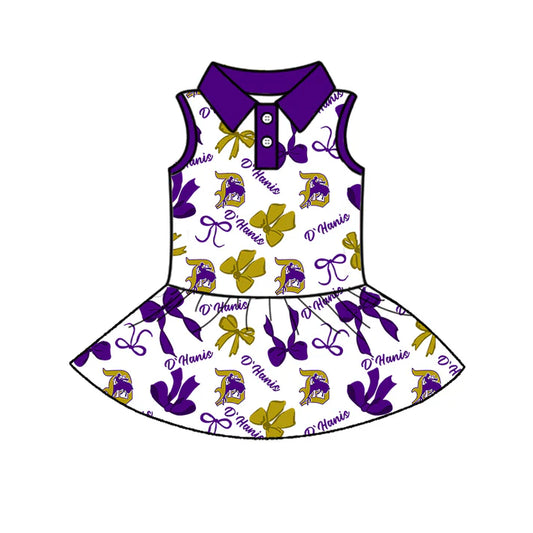 Preorder (moq 5)Baby Girls Purple Sleeveless Horse Rodeos Bows Plaid Button Team Knee Length Dresses 6.30