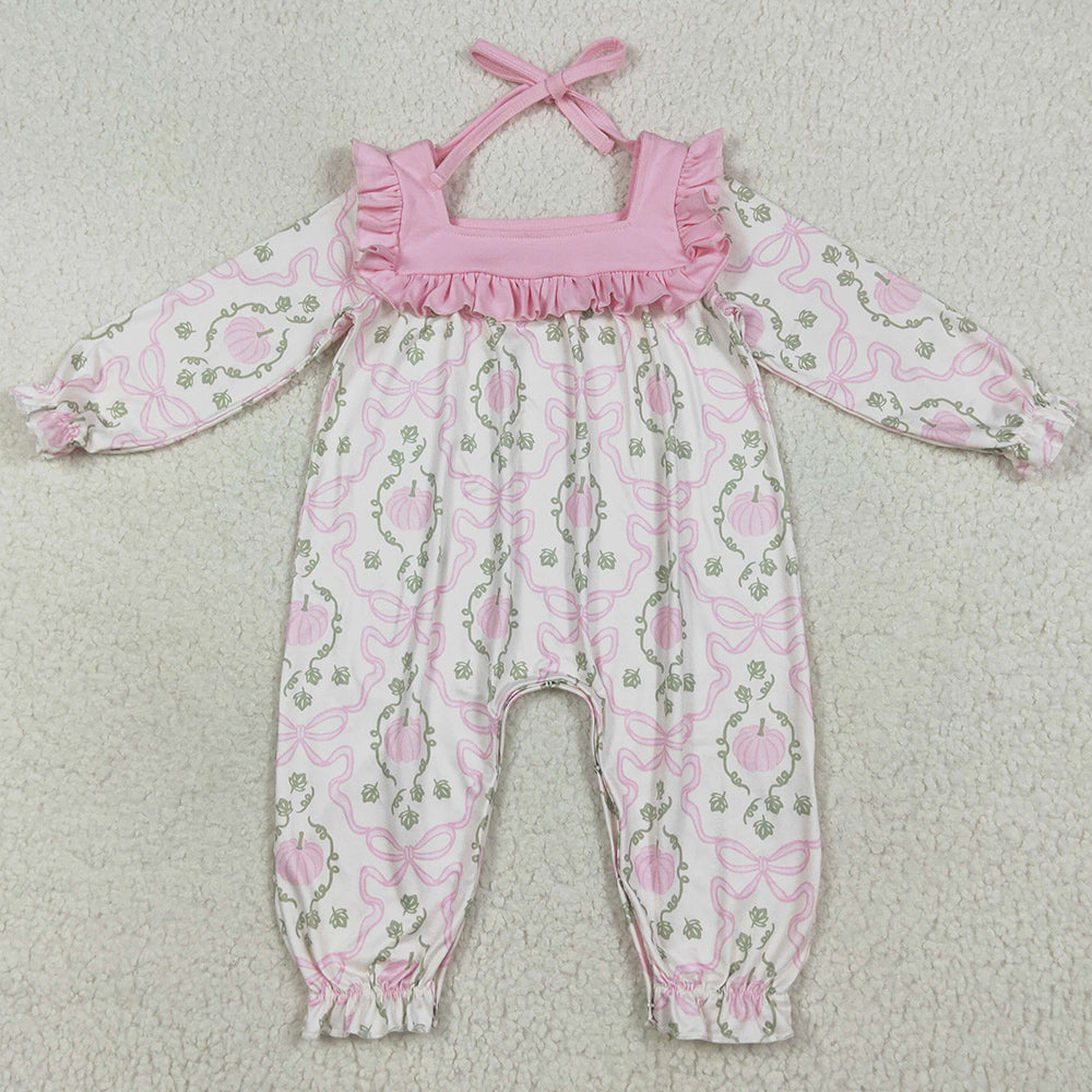 Baby Girls Rompers Long Sleeves Pink Pumpkins Bows Plaid Pant Rompers LR2255 7.7