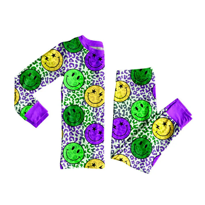 Preorder (moq 5)Baby Boys Mardi Gras Purple Yellow Green Smiles Leopard Pajamas Sets 9.3