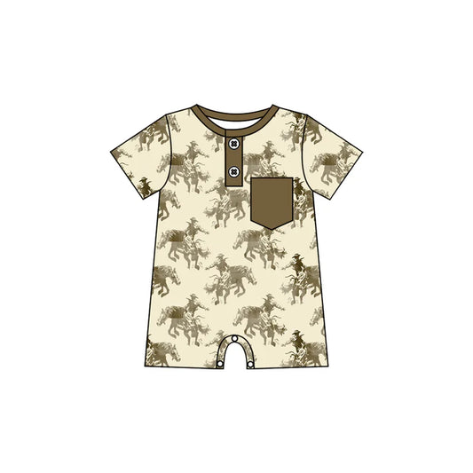 Preorder (moq 5)Baby Boys Horse Rodeos Button Pocket Western Short Rompers 10.28