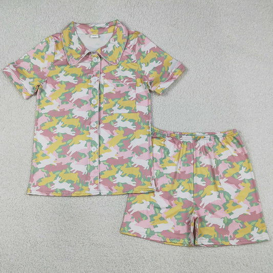 Adult Women Pajamas Rabbits Camo Button Pocket Top Shorts Easter Pajamas Set GSSO2973 1.5