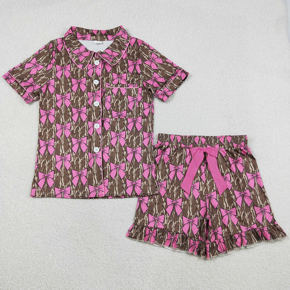 Adult Women Pajamas Southern Olive Camo Bows Button Pocket Top Ruffle Shorts Pajamas Set GSSO3137