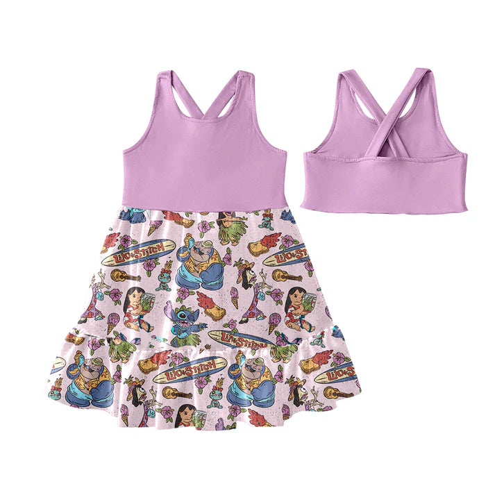 Preorder (moq 5)Baby Girls Lavender Sleeveless Cartoon Bunny Patchwork Knee Length Dress 4.25