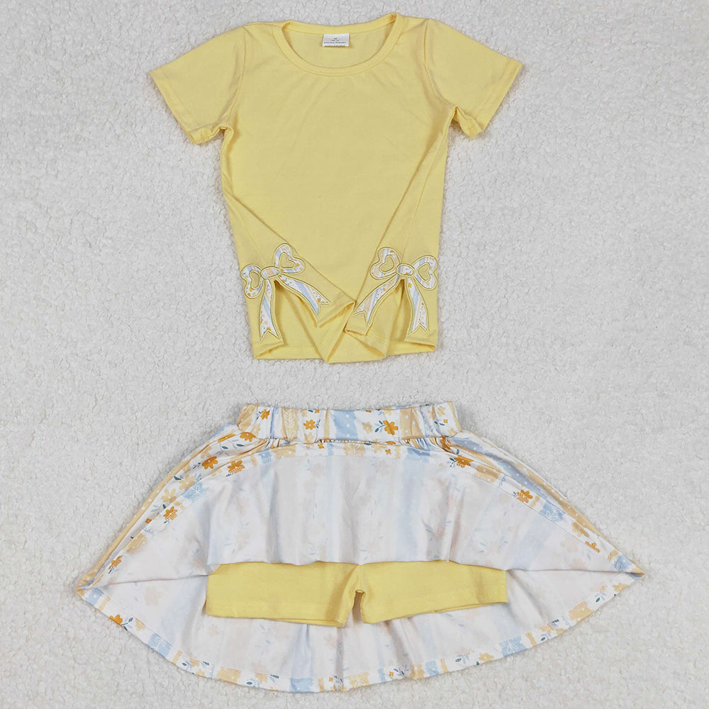 Baby Girls Clothes Yellow Bow Embroidery Top Flowers Skort Skirt Clothes Sets GSD1716
