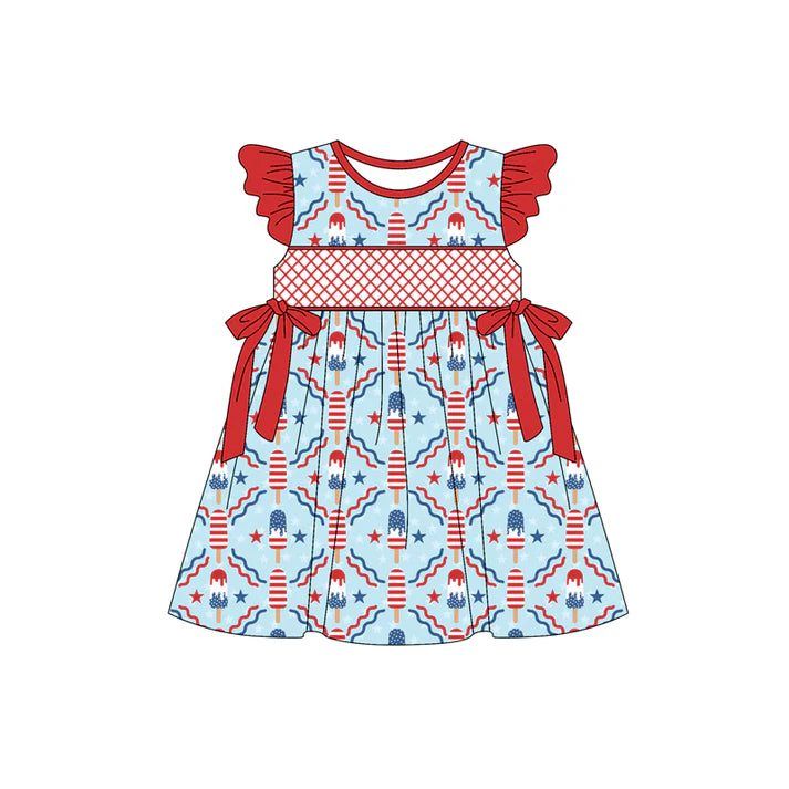 Preorder (moq 5)Baby Girls Red Flutter Sleeves Stars Popsicle Bows 4th Of July Knee Length Dresses 5.15