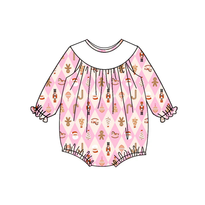 Preorder (moq 5)Baby Girls Long Sleeves Pink Santa Soldiers Gingerbread Plaid Ruffle Romper 7.3