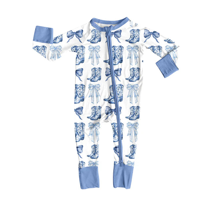 Preorder moq 5 Baby Infant Girls Long Sleeves Blue Bows Boots Plaid Zipper Romper 7.16