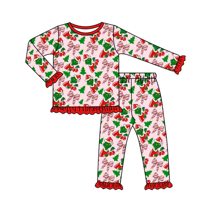Preorder (moq 5)Baby Girls Green Faces Bows Plaid Top Pants Christmas Pajamas Clothes Set 8.30