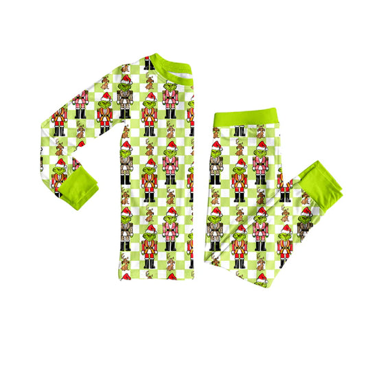 Preorder(moq 5) Baby Girls Long Sleeves Green Face Soldiers Plaid Top Pants Pajamas Set 7.22