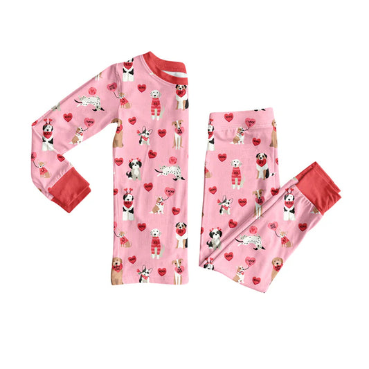Preorder (moq 5)Baby Girls Pink XOXO Hearts Dogs Top Pants Valentines Pajamas Sets 12.8