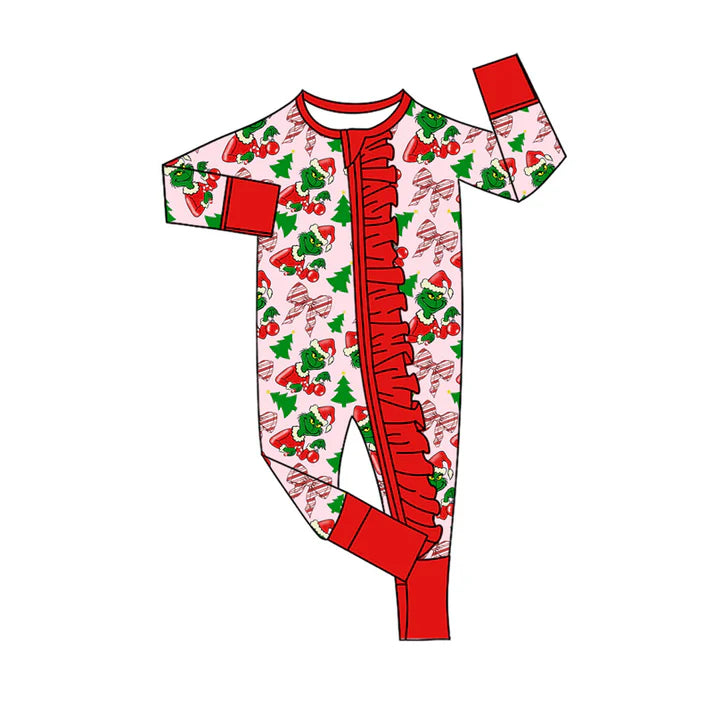 Preorder(moq 5)Baby Girls Green Faces Bows Plaid Christmas Ruffle Zipper Footie Rompers 8.30