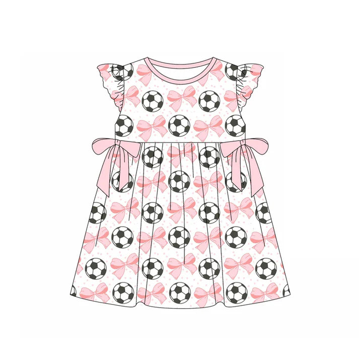 Preorder (moq 5)Baby Girls Pink Flutter Sleeves Bows Footballs Knee Length Dresses 4.23