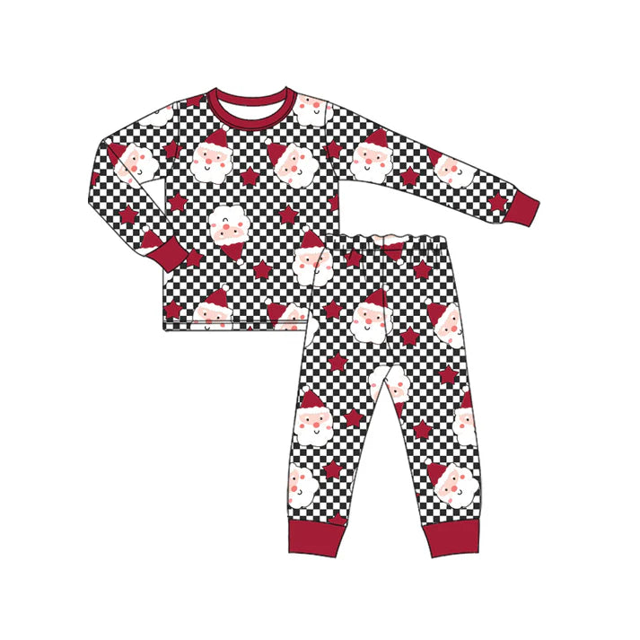 Preorder (moq 5)Baby Girls Long Sleeves Black Plaid Red Santa Stars Top Pant Pajamas Set 6.17