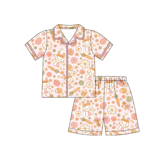 Preorder (moq 5)Baby Girls Rabbits Carrots Flowers Button Top Shorts Easter Pajamas Sets 12.12