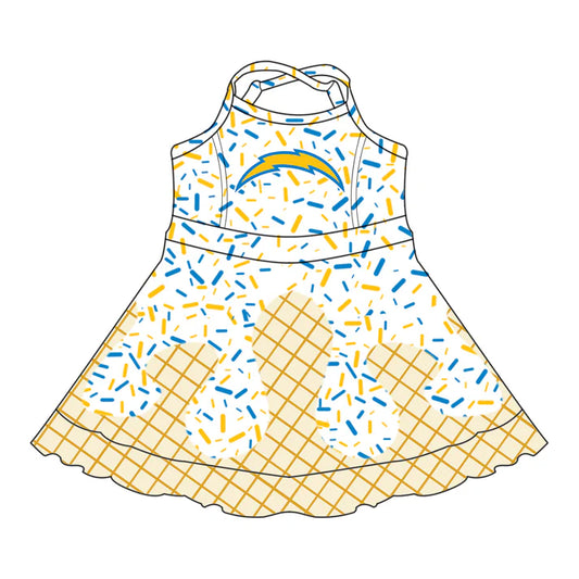 Preorder (moq 5)Baby Girls Strap Drip Yellow Lights Shorts Ruffle Team Knee Length Dresses 6.30