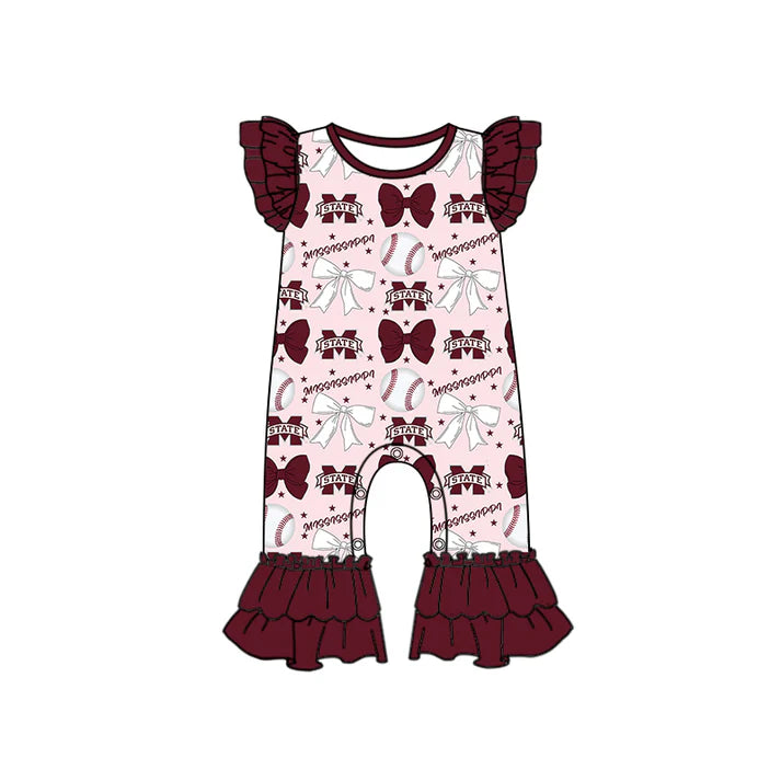 Preorder (moq 5)Baby Girls Dark Red Flutter Sleeves Baseball Bows M State Ruffle Pant Team Rompers 6.16