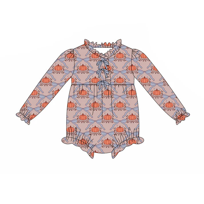 Preorder(moq 5)Baby Infant Girls Bows Pumpkins Plaid Button Ruffle Rompers 7.29