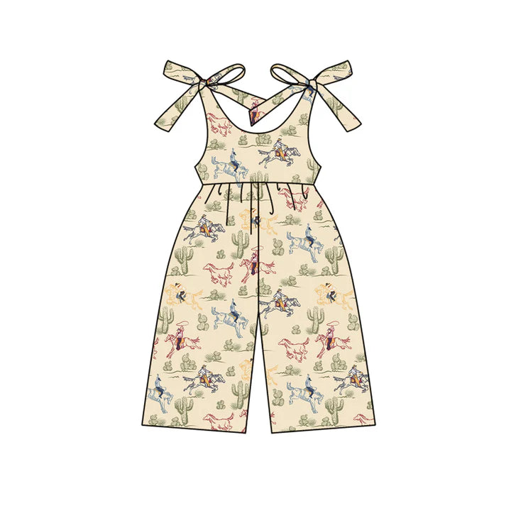 Preorder (moq 5)Baby Girls Khaki Strap Horse Rodeos Cactus Jumpsuits 4.24