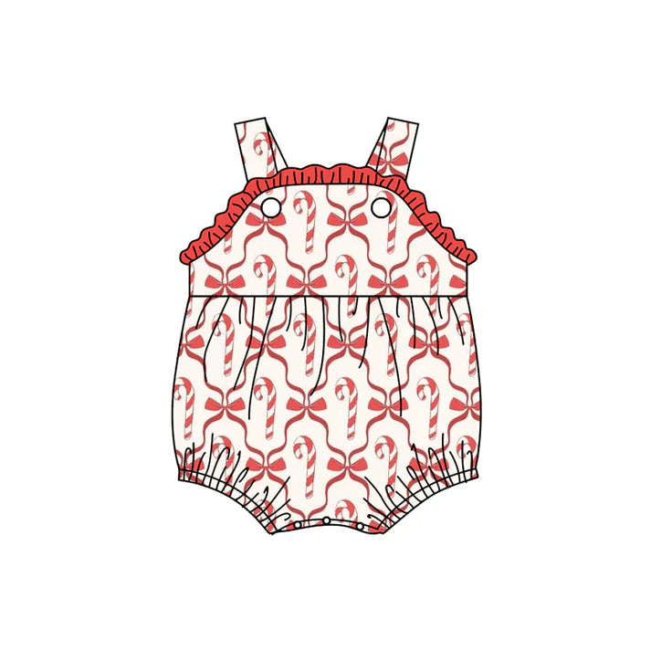 Preorder (moq 5)Baby Girls Strap Red Bows Candy Cane Plaid Ruffle Romper 7.3