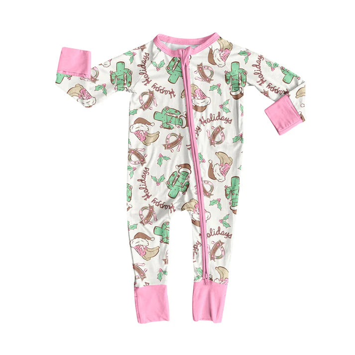 Preorder moq 5 Baby Infant Girls Long Sleeves Pink Hat Boots Cactus Plaid Zipper Romper 7.16