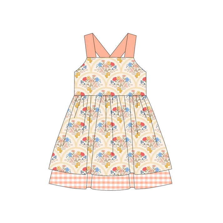 Preorder (moq 5)Baby Girls Pink Strap Floral Plaid Knee Length Dress 4.26