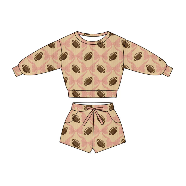 Preorder (moq 5)Baby Girls Pink Bow Footballs Checked Top Pockets Shorts Team Clothes Sets 11.26