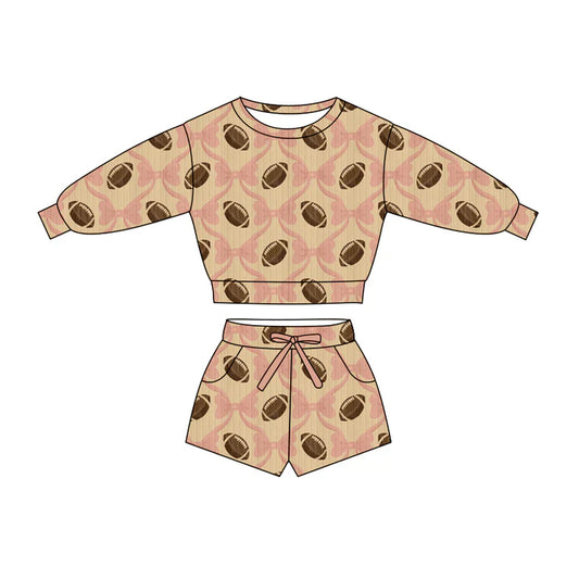 Preorder (moq 5)Baby Girls Pink Bow Footballs Checked Top Pockets Shorts Team Clothes Sets 11.26