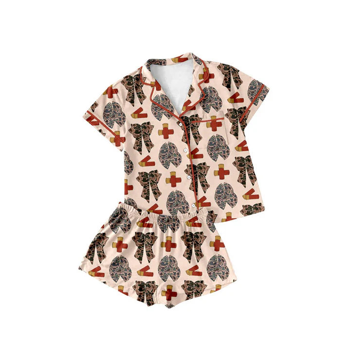 Preorder (moq 5)Baby Girls Camo Bows Duck Calls Button Top Shorts Hunting Pajamas Sets 11.19